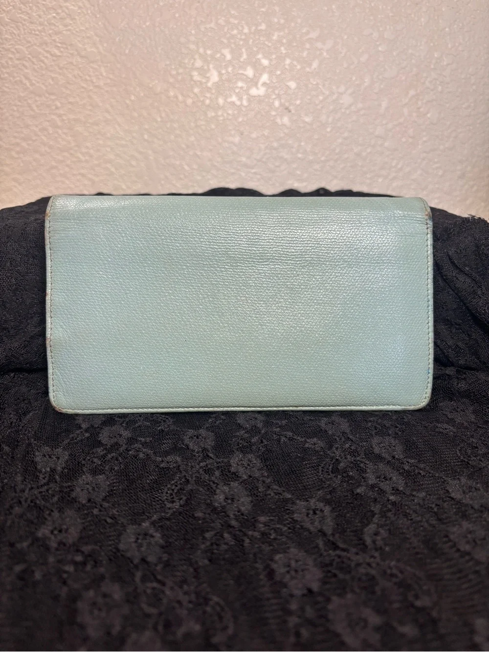 Chanel Coco Button Long Bifold Wallet Light Blue Caviar Leather WOC Chain Box
